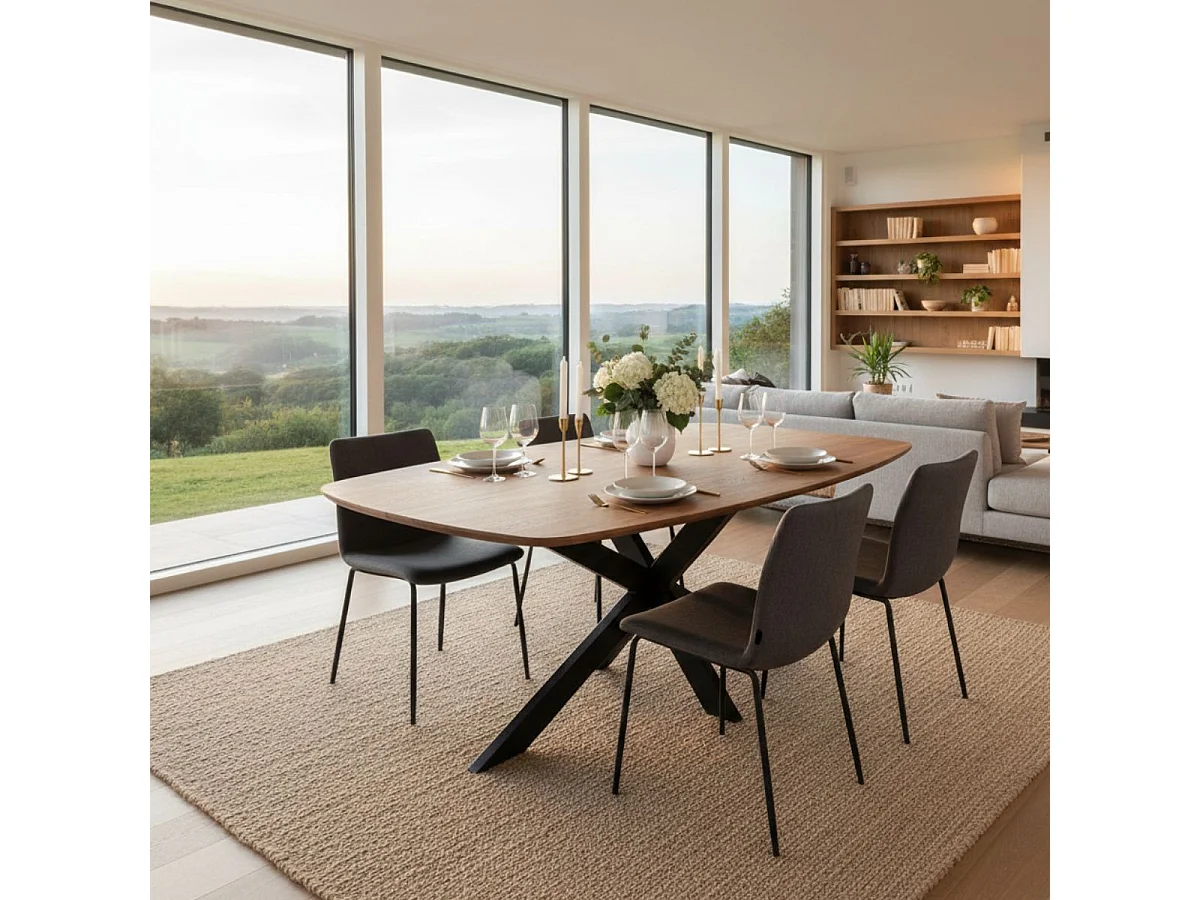 ROMANE - Table Repas 200cm Plateau Ovale en Acacia Massif Pieds Métal Noir