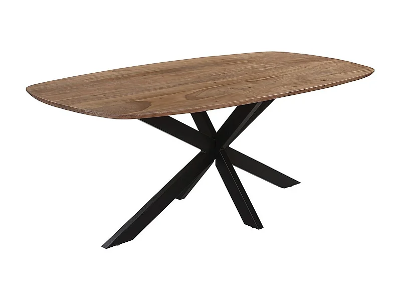 ROMANE - Table Repas 200cm Plateau Ovale en Acacia Massif Pieds Métal Noir