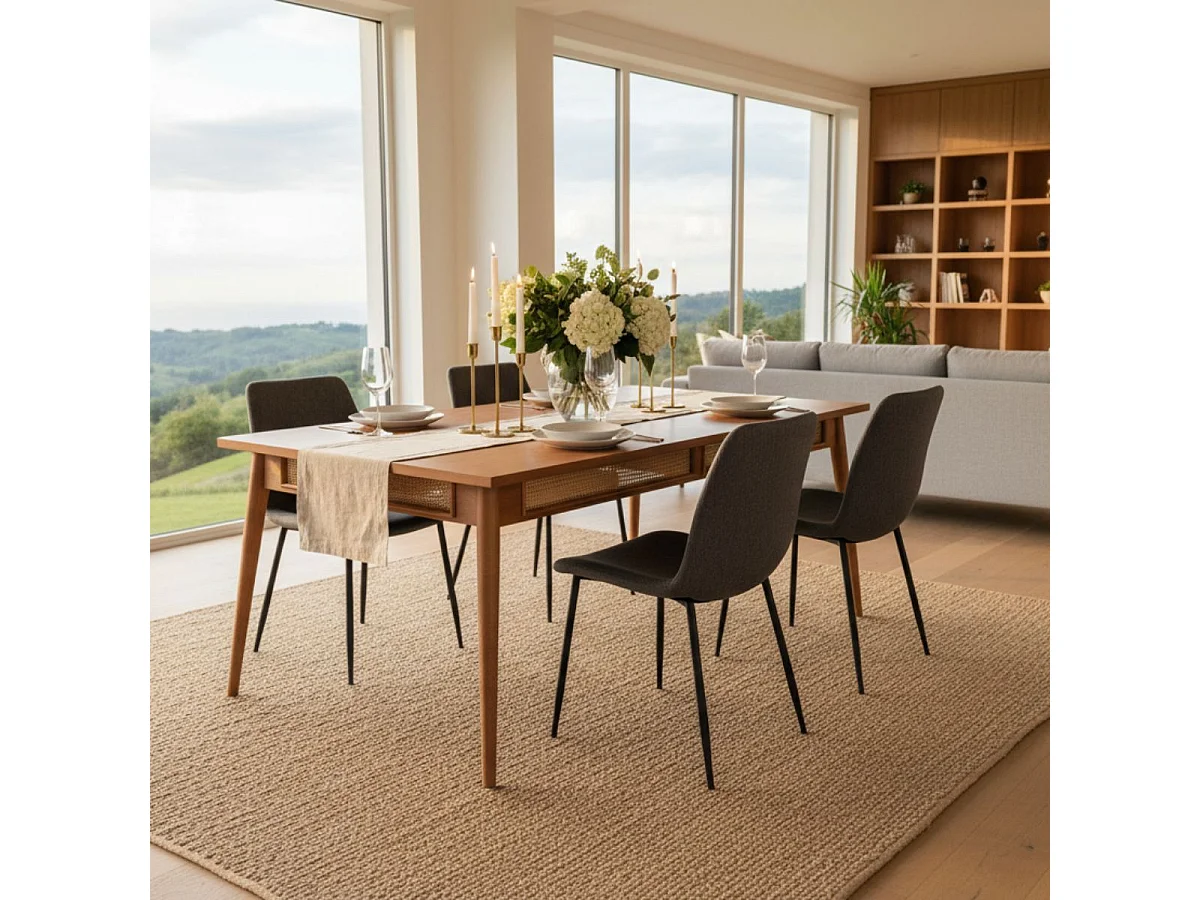 KESIAH - Table repas 200cm en acacia finition teinté teck avec plaquage cannage