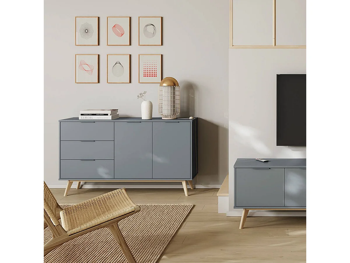 CANACA - Buffet 2 Portes 3 Tiroirs Scandinave MDF et Pin Massif Gris Vert