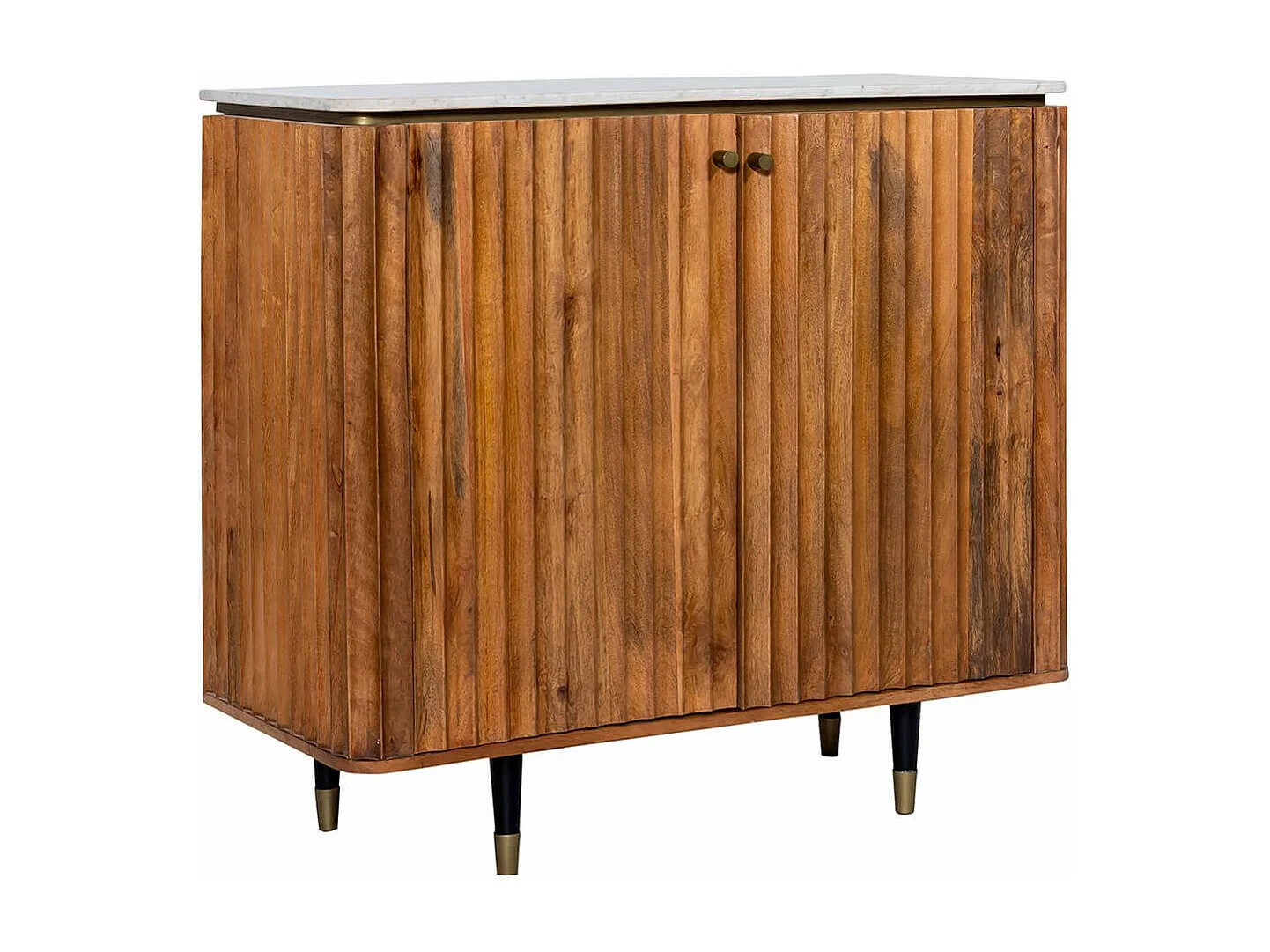 JAMARIS - Meuble de Rangement 2 Portes en Manguier Plateau Marbre Pieds Teinté Embout Doré