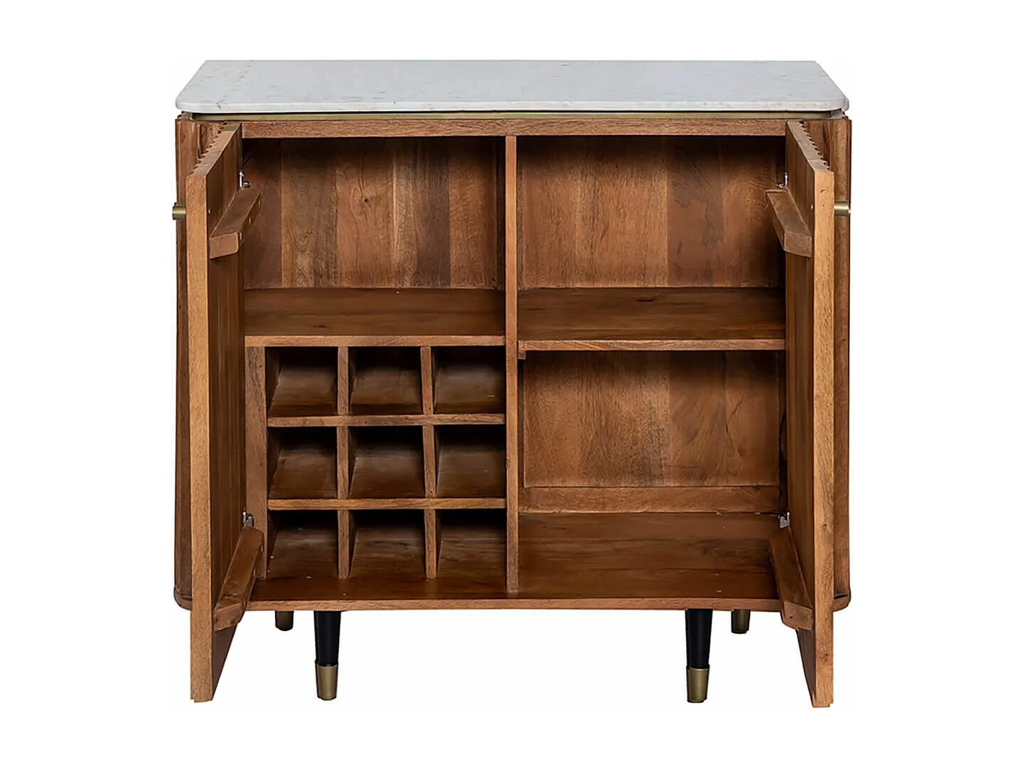 JAMARIS - Meuble de Rangement 2 Portes en Manguier Plateau Marbre Pieds Teinté Embout Doré