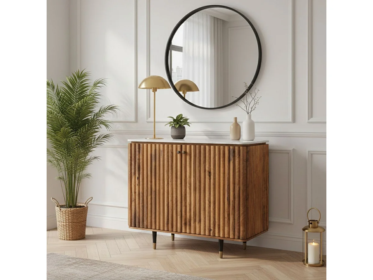 JAMARIS - Meuble de Rangement 2 Portes en Manguier Plateau Marbre Pieds Teinté Embout Doré