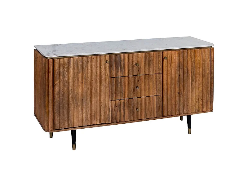 JAMARIS - Buffet 2 Portes 3 Tiroirs en Manguier Plateau Marbre Pieds Teinté Embout Doré