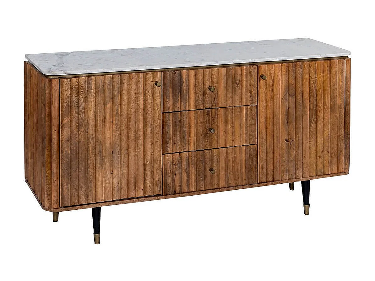 JAMARIS - Buffet 2 Portes 3 Tiroirs en Manguier Plateau Marbre Pieds Teinté Embout Doré