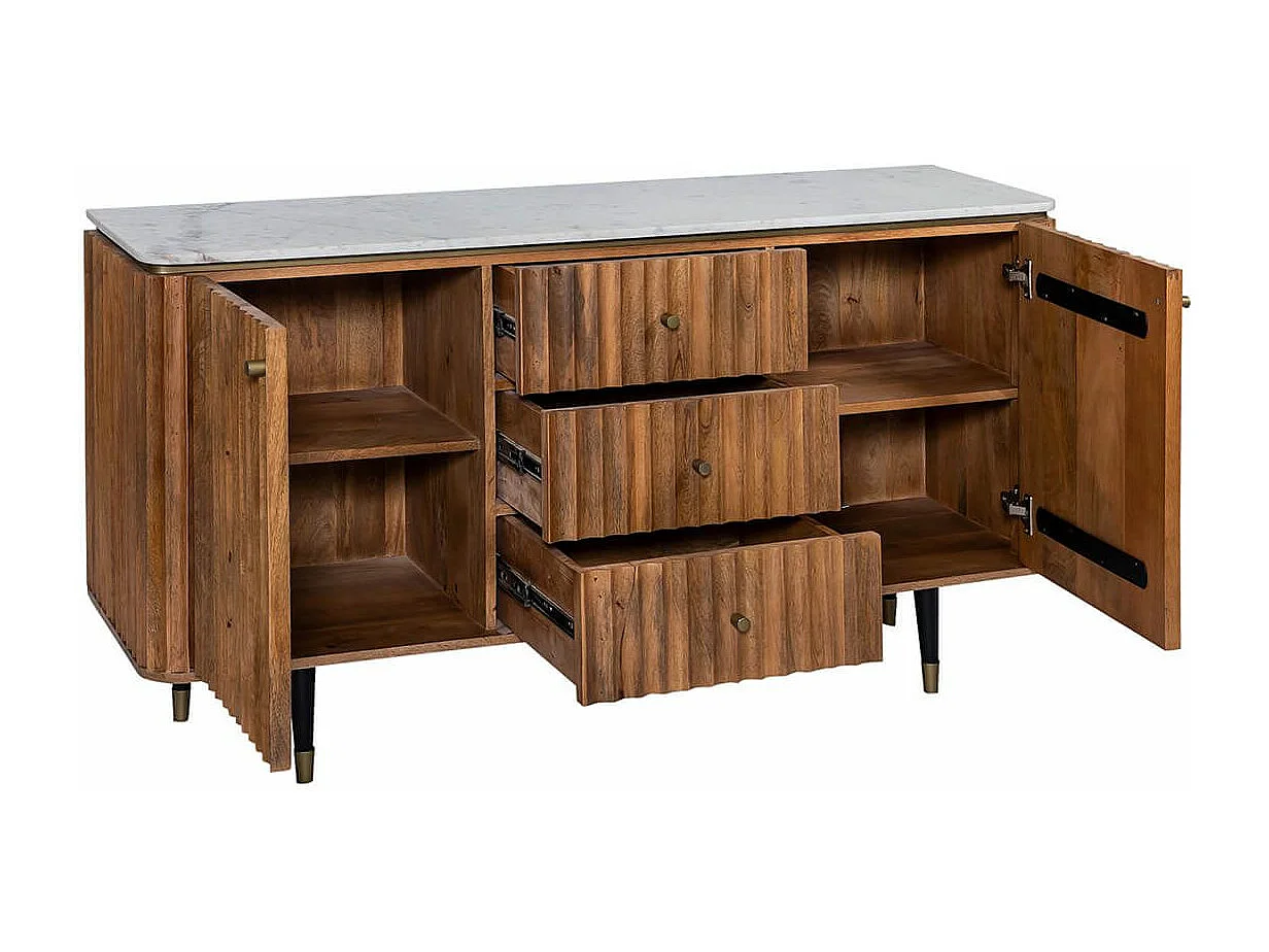 JAMARIS - Buffet 2 Portes 3 Tiroirs en Manguier Plateau Marbre Pieds Teinté Embout Doré