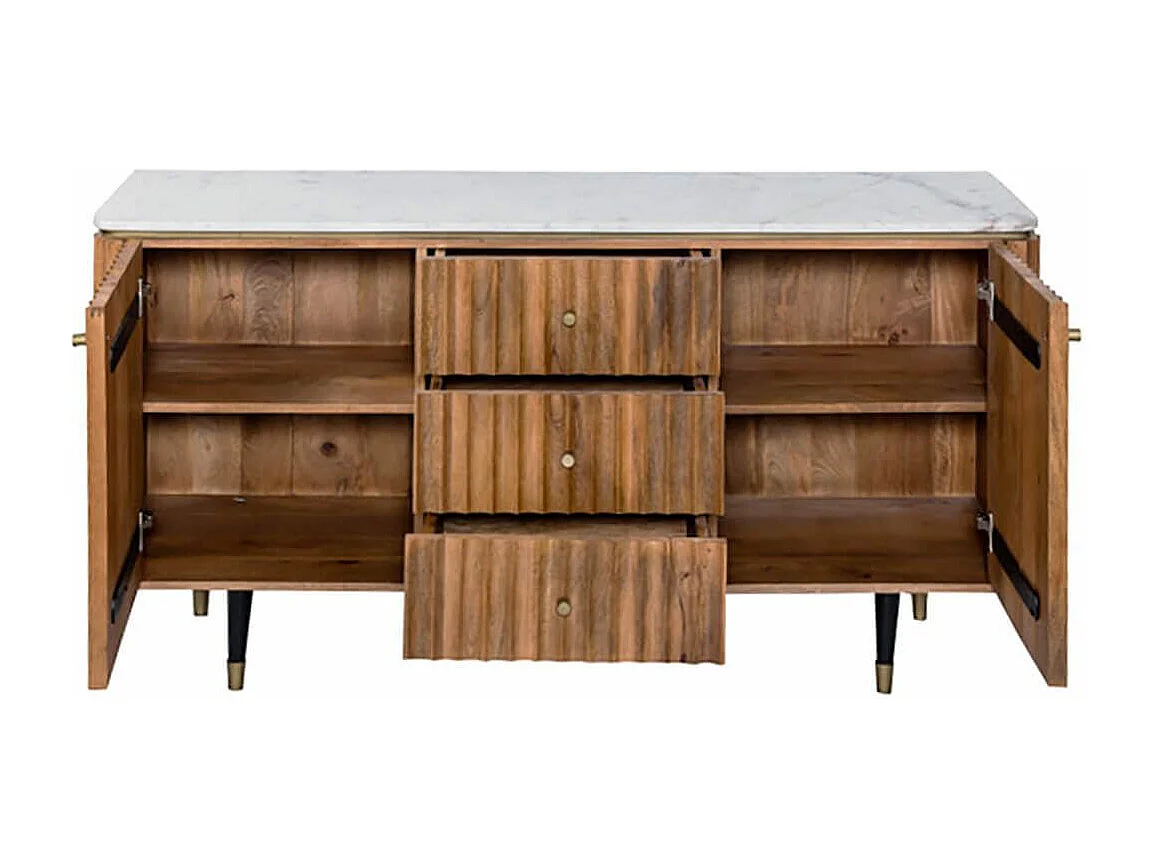 JAMARIS - Buffet 2 Portes 3 Tiroirs en Manguier Plateau Marbre Pieds Teinté Embout Doré