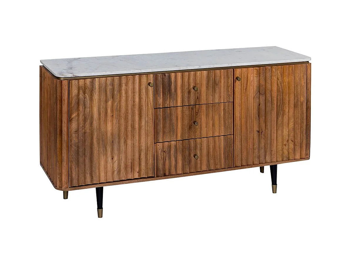JAMARIS - Buffet 2 Portes 3 Tiroirs en Manguier Plateau Marbre Pieds Teinté Embout Doré