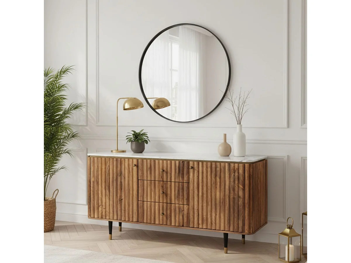 JAMARIS - Buffet 2 Portes 3 Tiroirs en Manguier Plateau Marbre Pieds Teinté Embout Doré