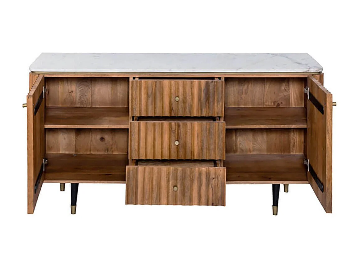 JAMARIS - Buffet 2 Portes 3 Tiroirs en Manguier Plateau Marbre Pieds Teinté Embout Doré