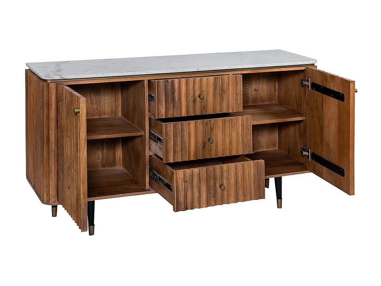 JAMARIS - Buffet 2 Portes 3 Tiroirs en Manguier Plateau Marbre Pieds Teinté Embout Doré