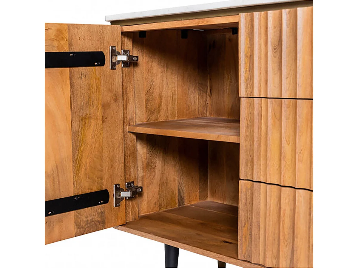 JAMARIS - Buffet 2 Portes 3 Tiroirs en Manguier Plateau Marbre Pieds Teinté Embout Doré