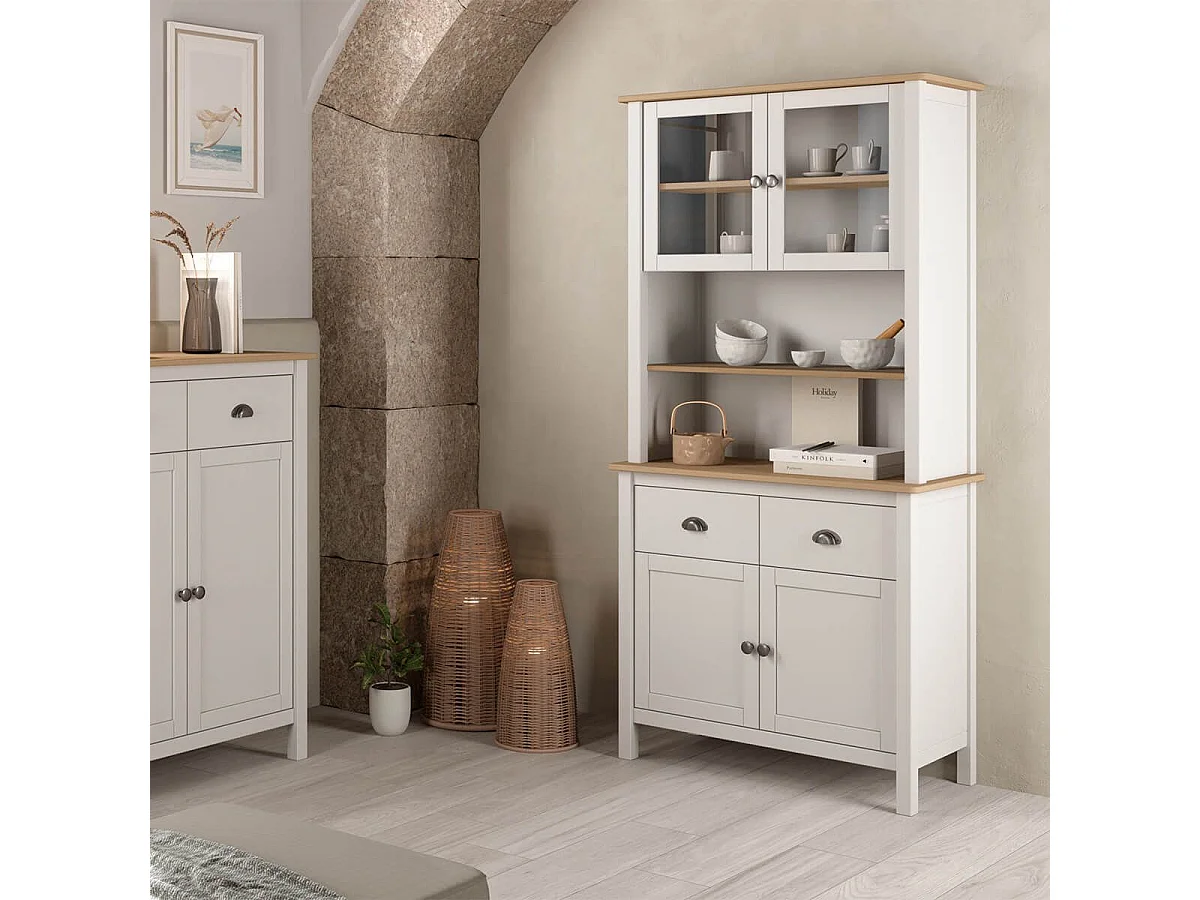 BASCO - Buffet Haut 4 Portes 2 Tiroirs en Pin Massif Naturel et Blanc