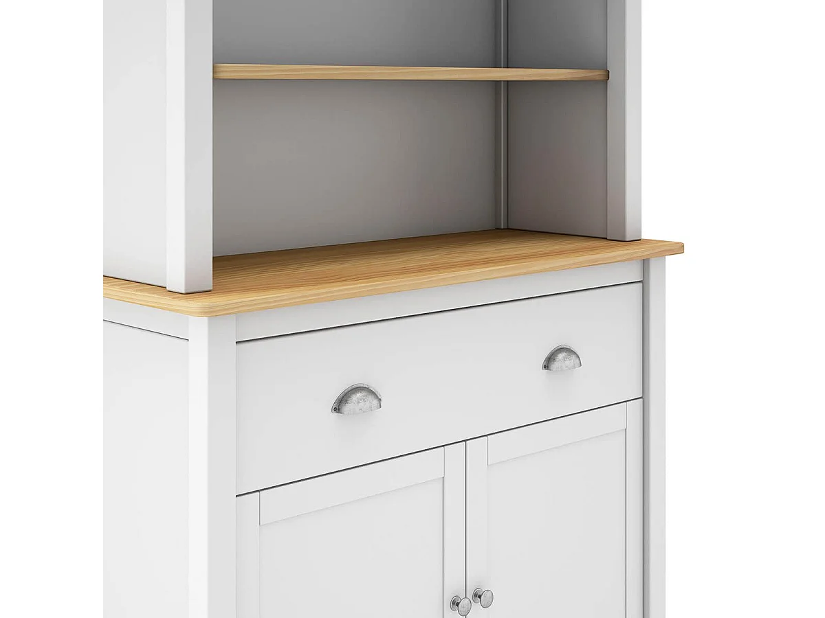 BASCO - Buffet Haut 4 Portes 2 Tiroirs en Pin Massif Naturel et Blanc