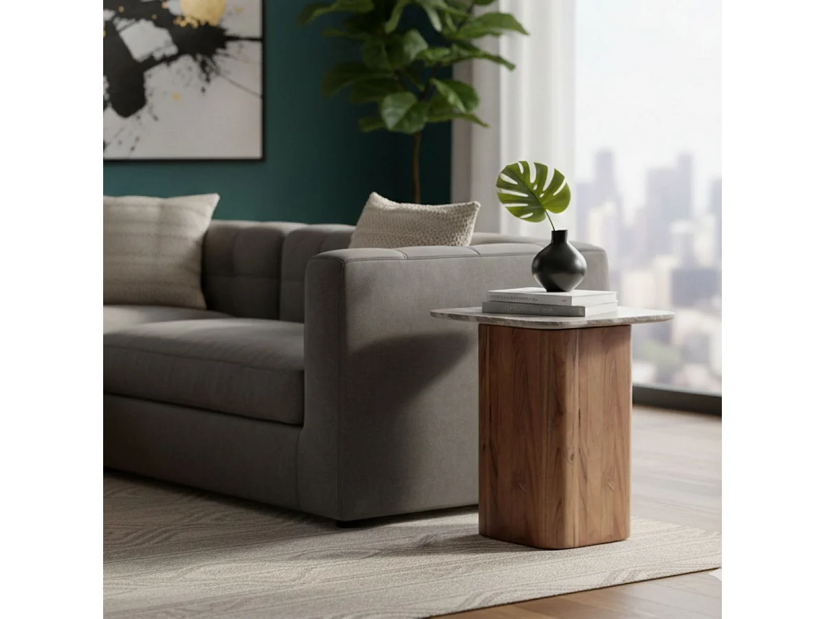 ANGELE - Bout de Canapé Plateau Marbre Naturel Piètement Acacia