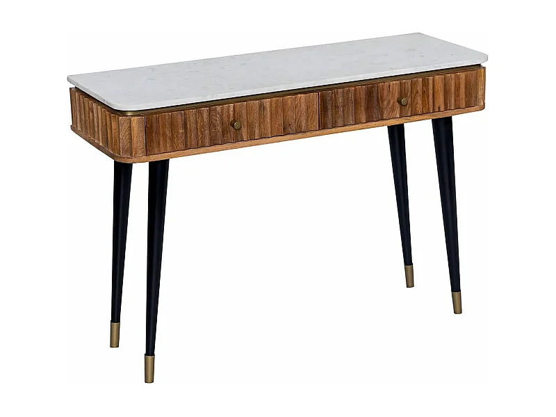 JAMARIS - Console 2 Tiroirs en Manguier Plateau Marbre Pieds Teinté Embout Doré