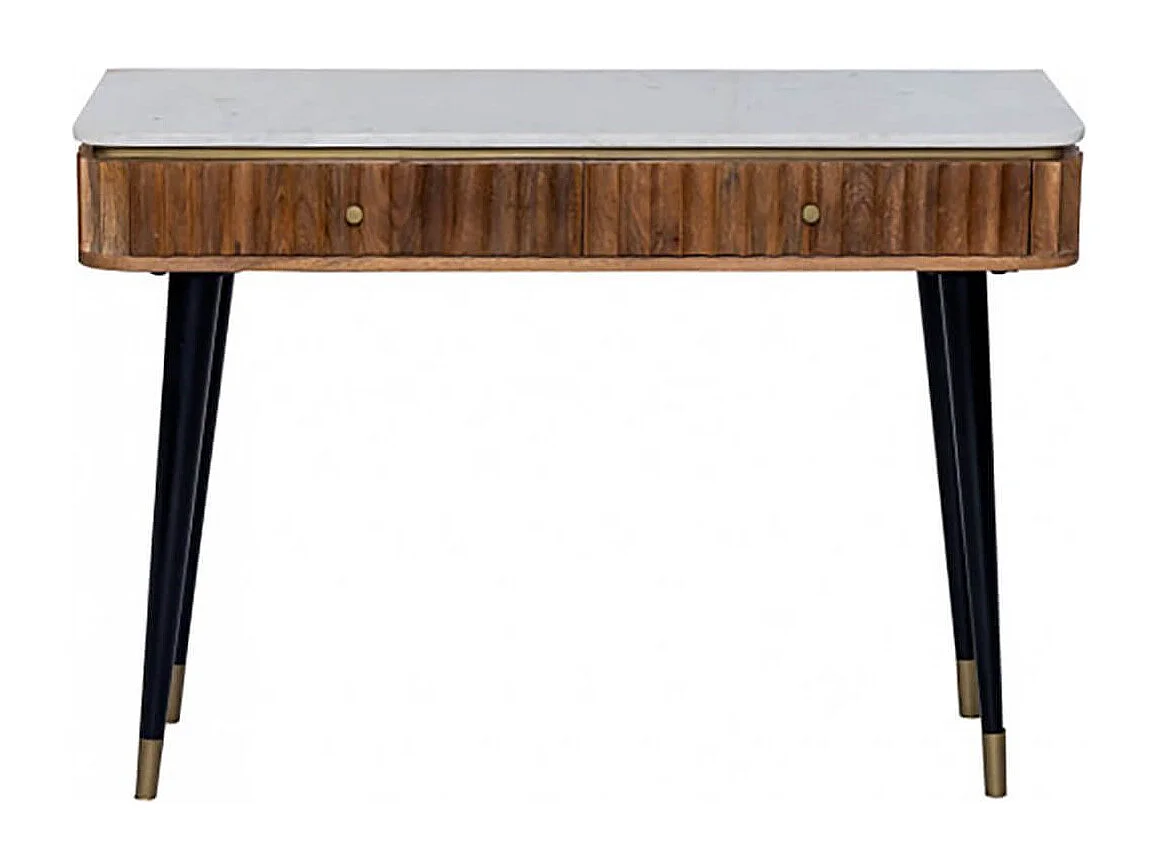 JAMARIS - Console 2 Tiroirs en Manguier Plateau Marbre Pieds Teinté Embout Doré