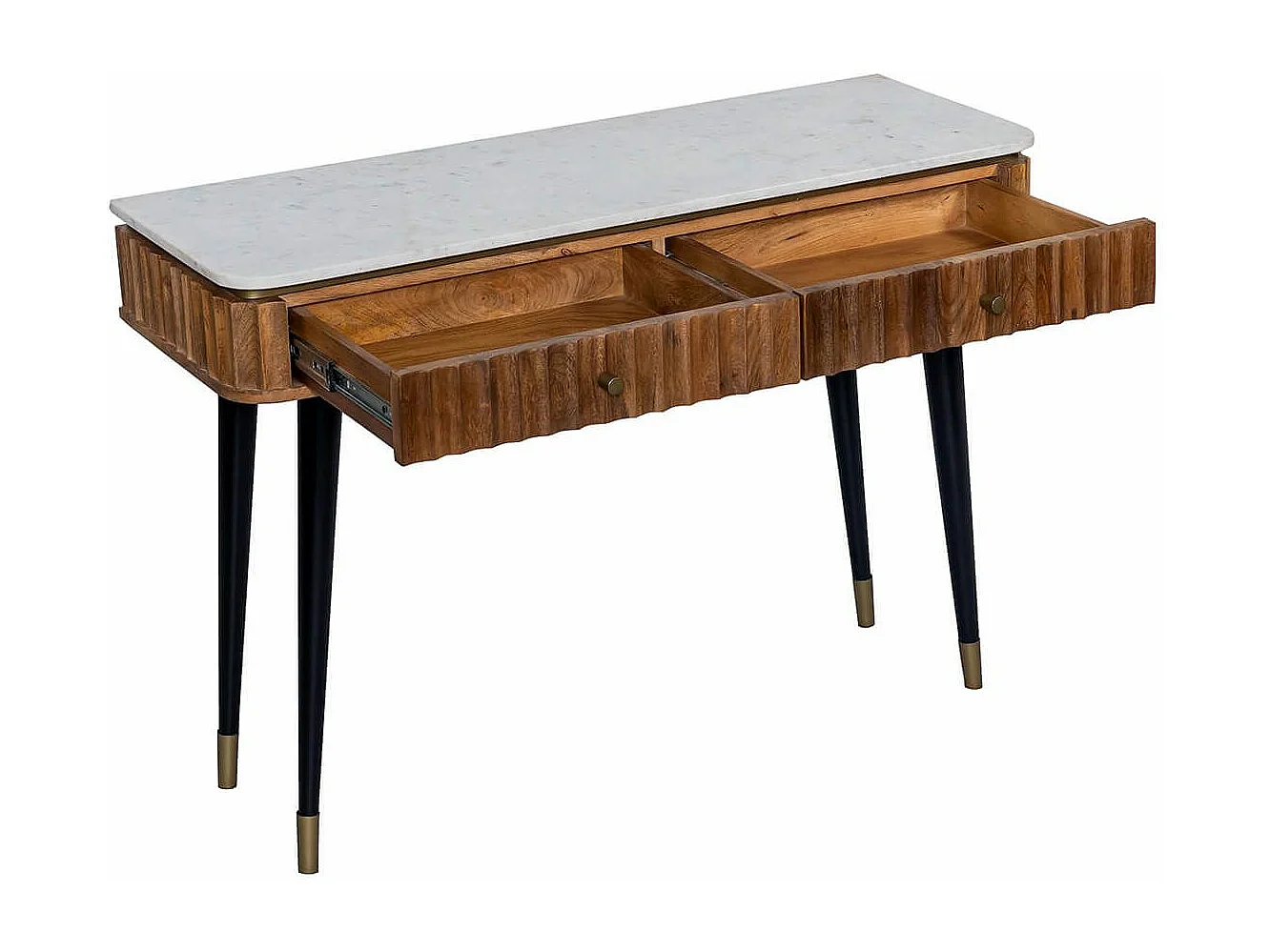 JAMARIS - Console 2 Tiroirs en Manguier Plateau Marbre Pieds Teinté Embout Doré