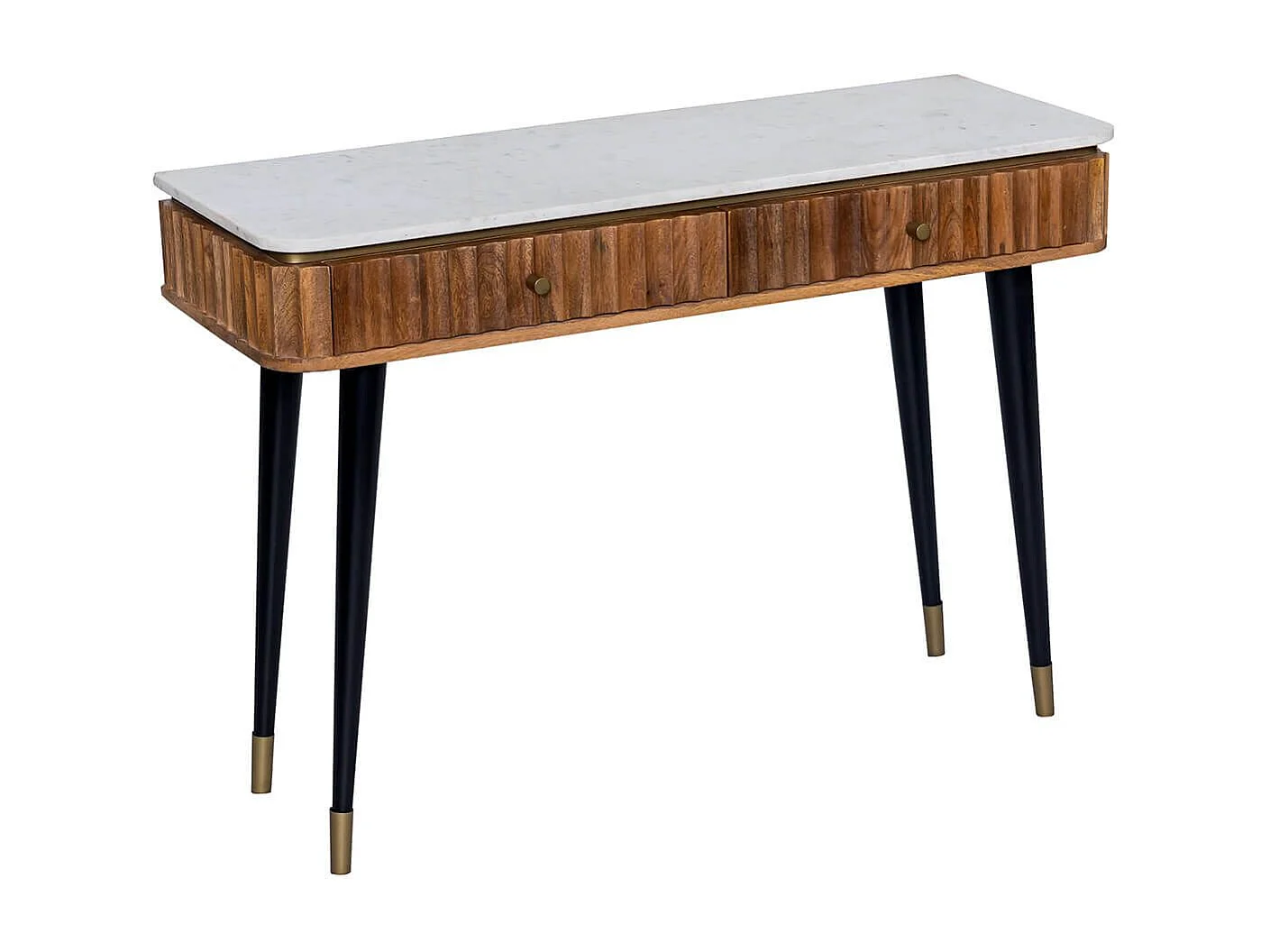 JAMARIS - Console 2 Tiroirs en Manguier Plateau Marbre Pieds Teinté Embout Doré