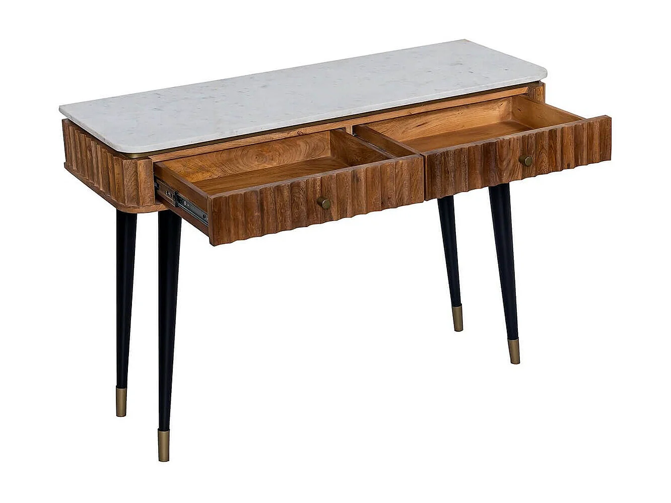 JAMARIS - Console 2 Tiroirs en Manguier Plateau Marbre Pieds Teinté Embout Doré