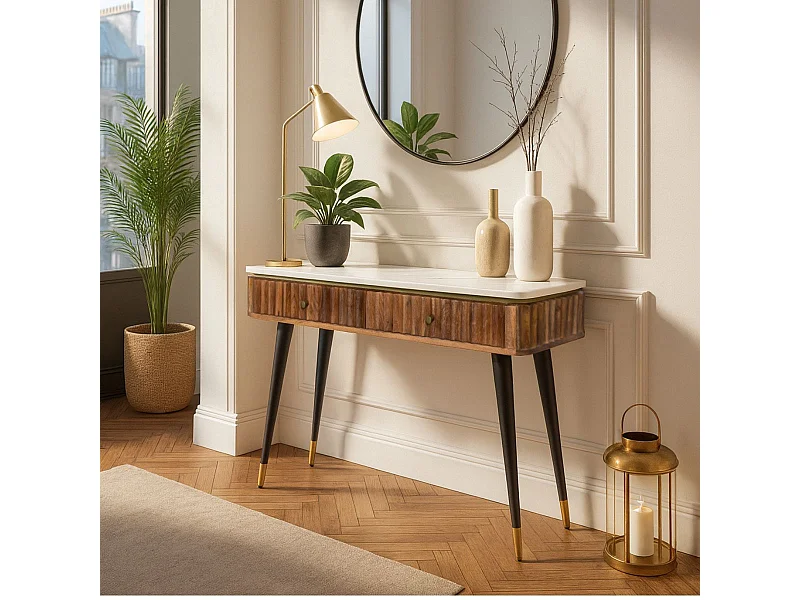 JAMARIS - Console 2 Tiroirs en Manguier Plateau Marbre Pieds Teinté Embout Doré