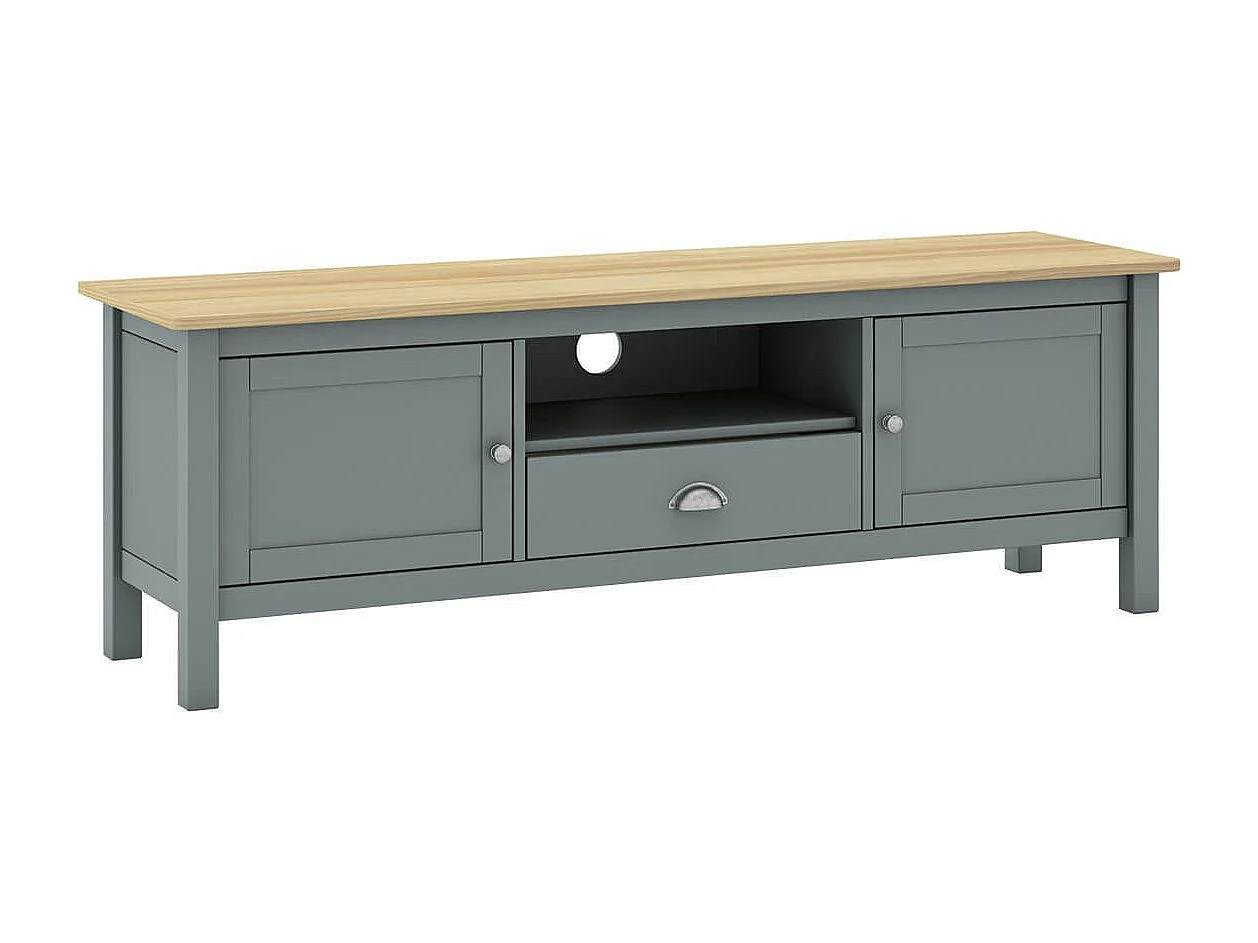 BASCO - Meuble TV 2 Portes 1 Tiroir en Pin Massif Naturel et Vert Céladon