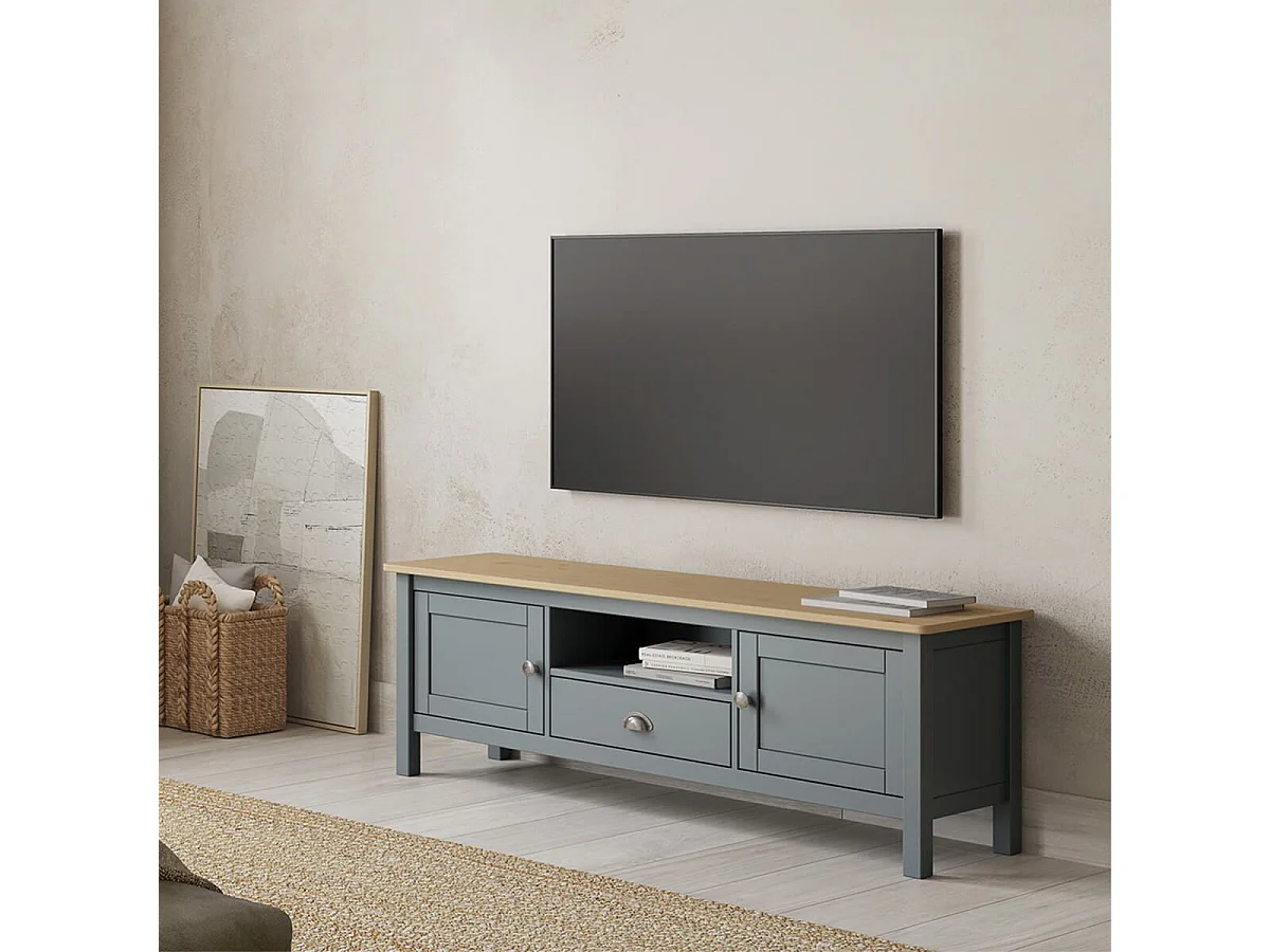 BASCO - Meuble TV 2 Portes 1 Tiroir en Pin Massif Naturel et Vert Céladon