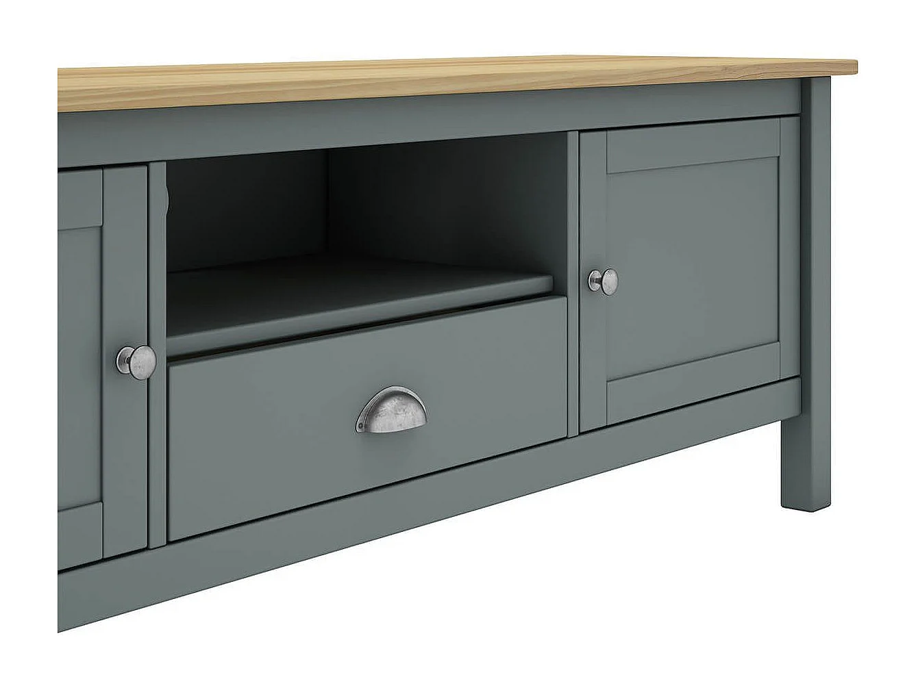 BASCO - Meuble TV 2 Portes 1 Tiroir en Pin Massif Naturel et Vert Céladon