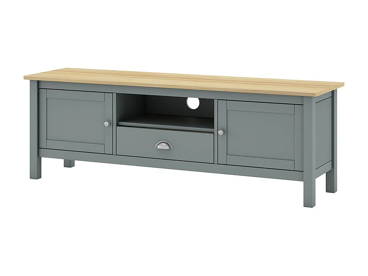 BASCO - Meuble TV 2 Portes 1 Tiroir en Pin Massif Naturel et Vert Céladon