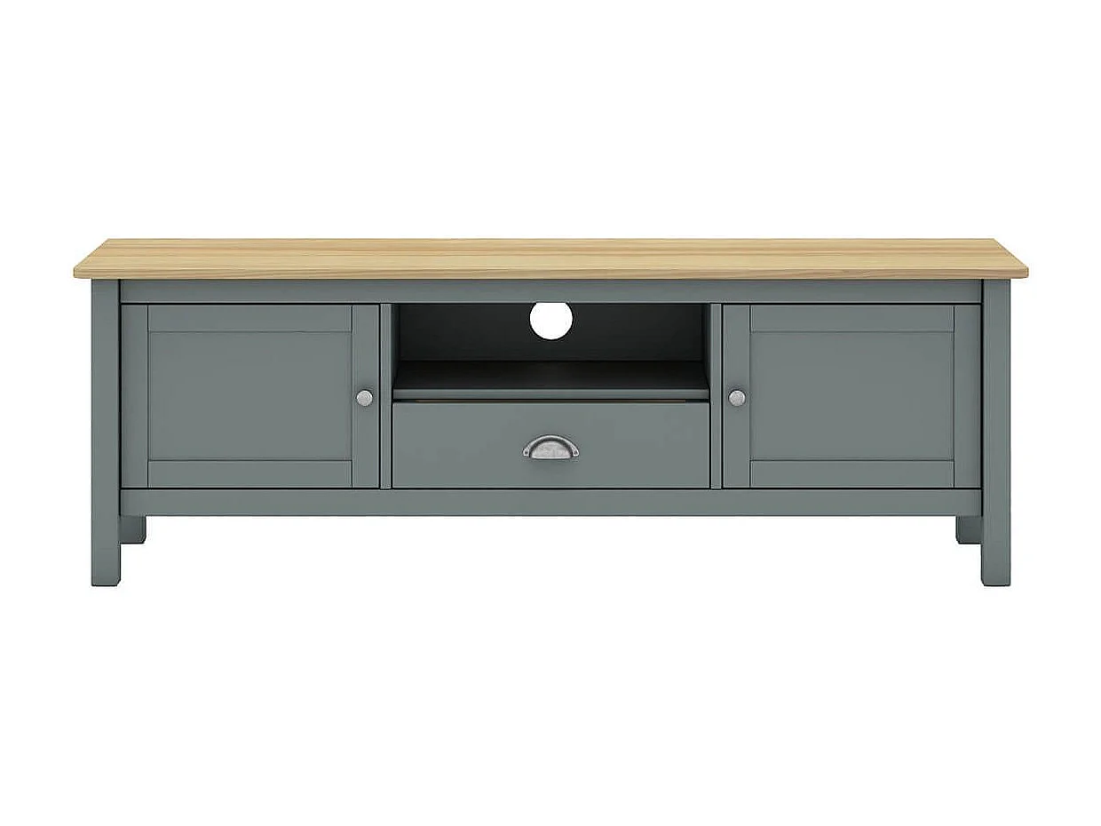 BASCO - Meuble TV 2 Portes 1 Tiroir en Pin Massif Naturel et Vert Céladon