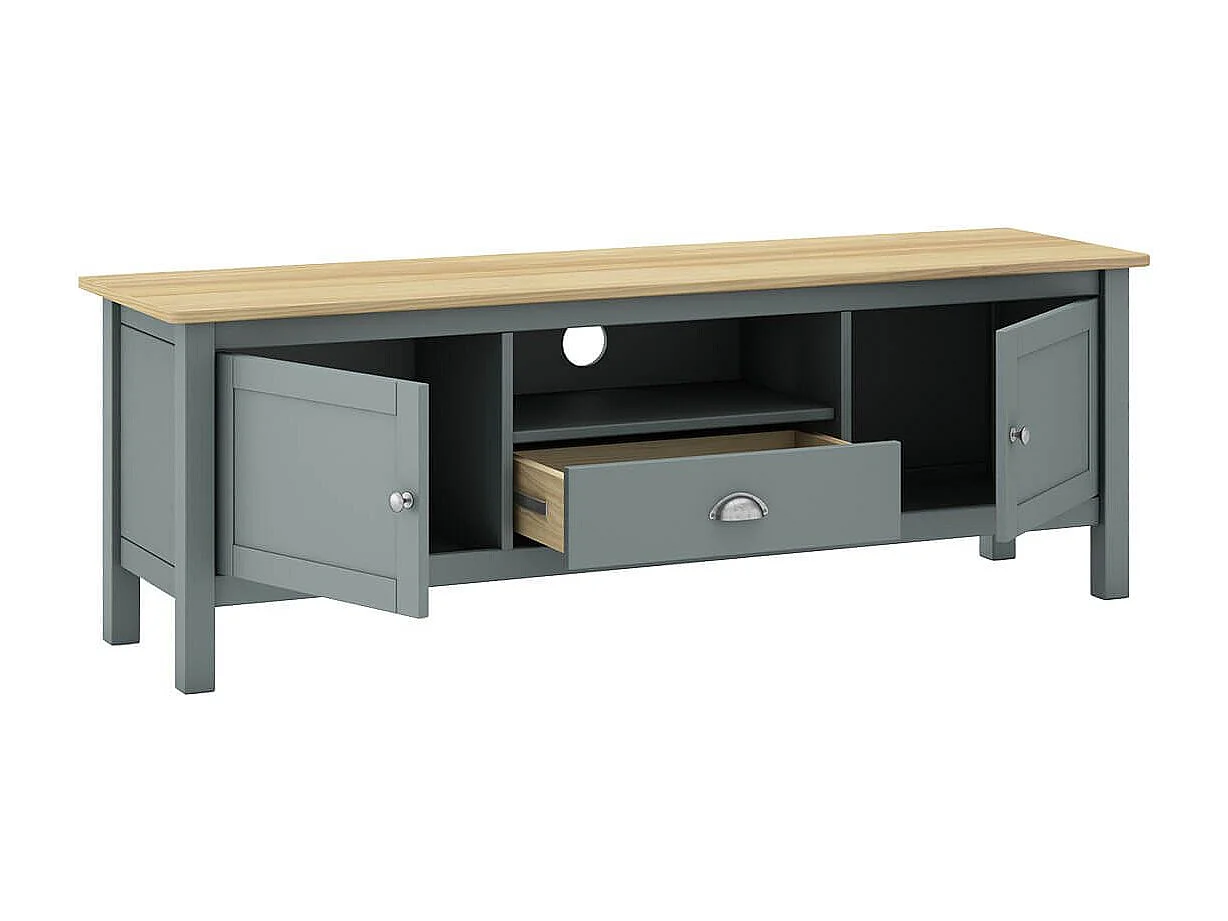 BASCO - Meuble TV 2 Portes 1 Tiroir en Pin Massif Naturel et Vert Céladon