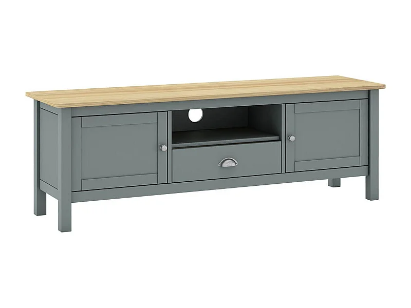 BASCO - Meuble TV 2 Portes 1 Tiroir en Pin Massif Naturel et Vert Céladon