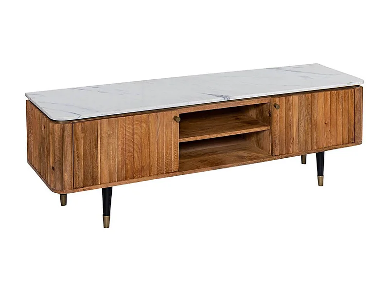 JAMARIS - Meuble TV 2 Portes 2 Niches en Manguier Plateau Marbre Pieds Teinté Embout Doré