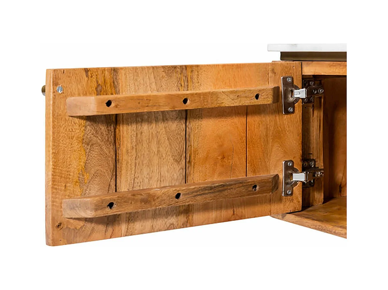 JAMARIS - Meuble TV 2 Portes 2 Niches en Manguier Plateau Marbre Pieds Teinté Embout Doré