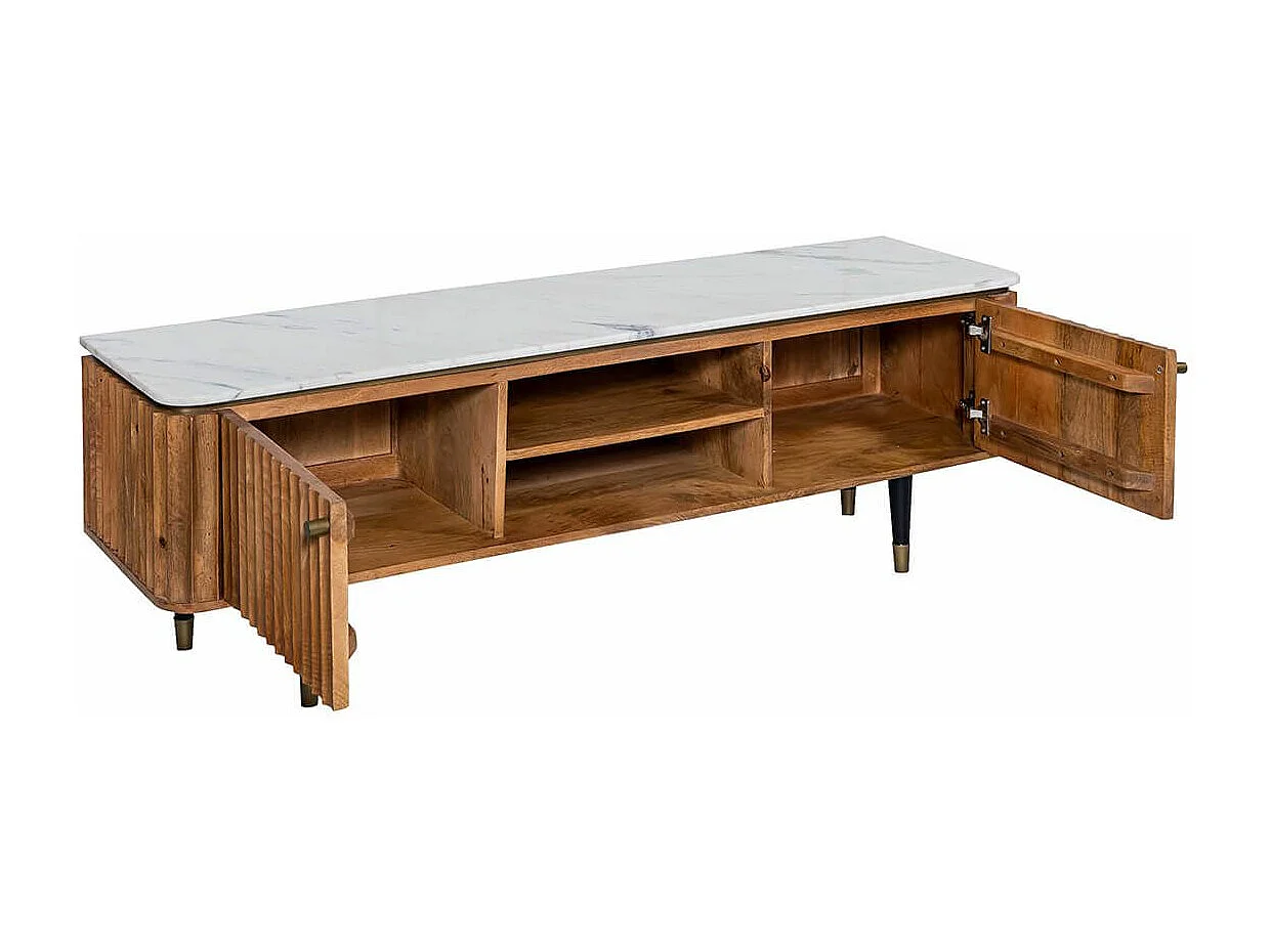 JAMARIS - Meuble TV 2 Portes 2 Niches en Manguier Plateau Marbre Pieds Teinté Embout Doré