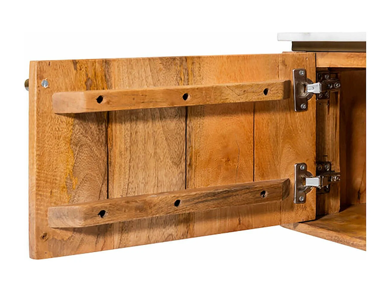 JAMARIS - Meuble TV 2 Portes 2 Niches en Manguier Plateau Marbre Pieds Teinté Embout Doré