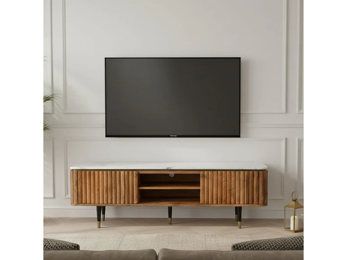 JAMARIS - Meuble TV 2 Portes 2 Niches en Manguier Plateau Marbre Pieds Teinté Embout Doré