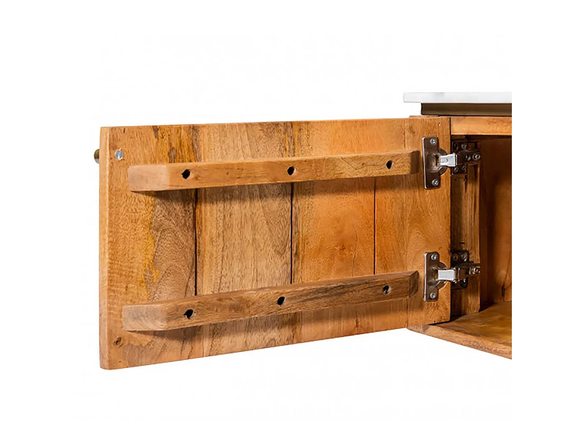 JAMARIS - Meuble TV 2 Portes 2 Niches en Manguier Plateau Marbre Pieds Teinté Embout Doré