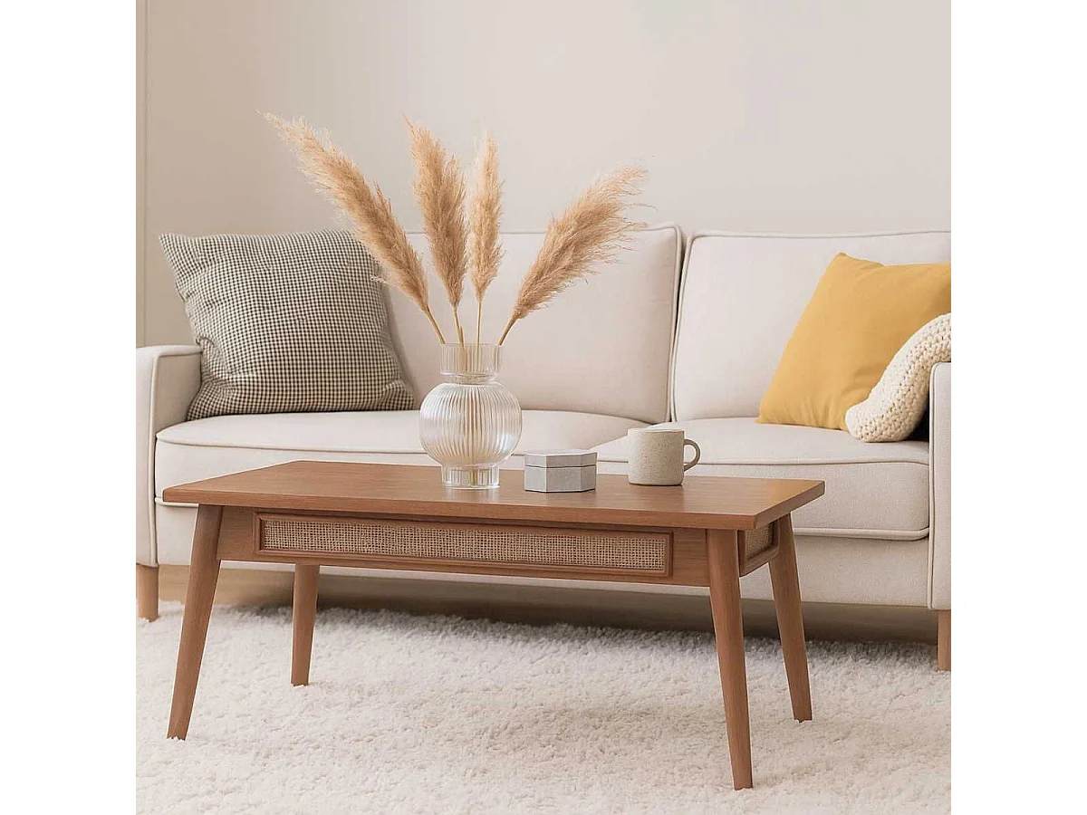 KESIAH - Table basse en acacia finition teinté teck avec plaquage cannage