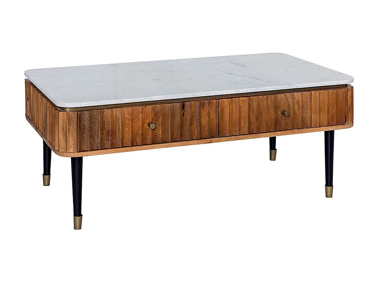 JAMARIS - Table Basse 4 Tiroirs en Manguier Plateau Marbre Pieds Teinté Embout Doré