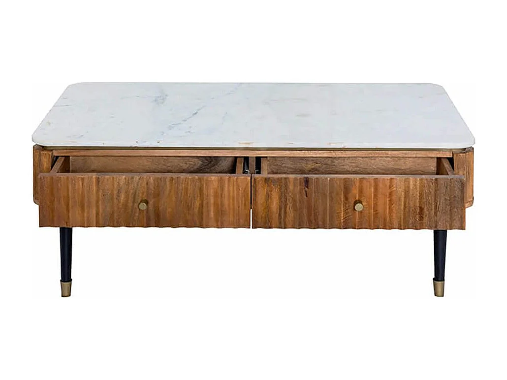 JAMARIS - Table Basse 4 Tiroirs en Manguier Plateau Marbre Pieds Teinté Embout Doré