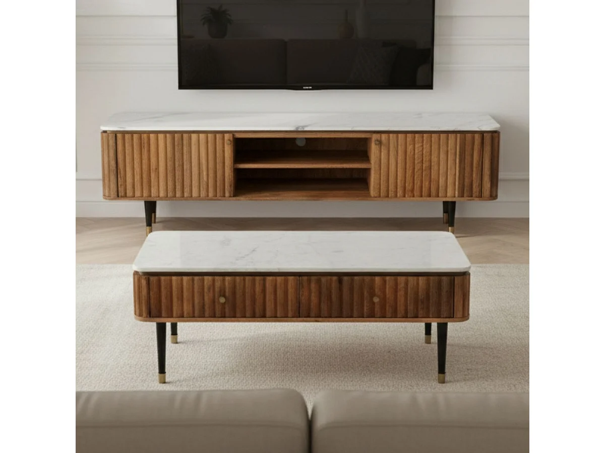 JAMARIS - Table Basse 4 Tiroirs en Manguier Plateau Marbre Pieds Teinté Embout Doré