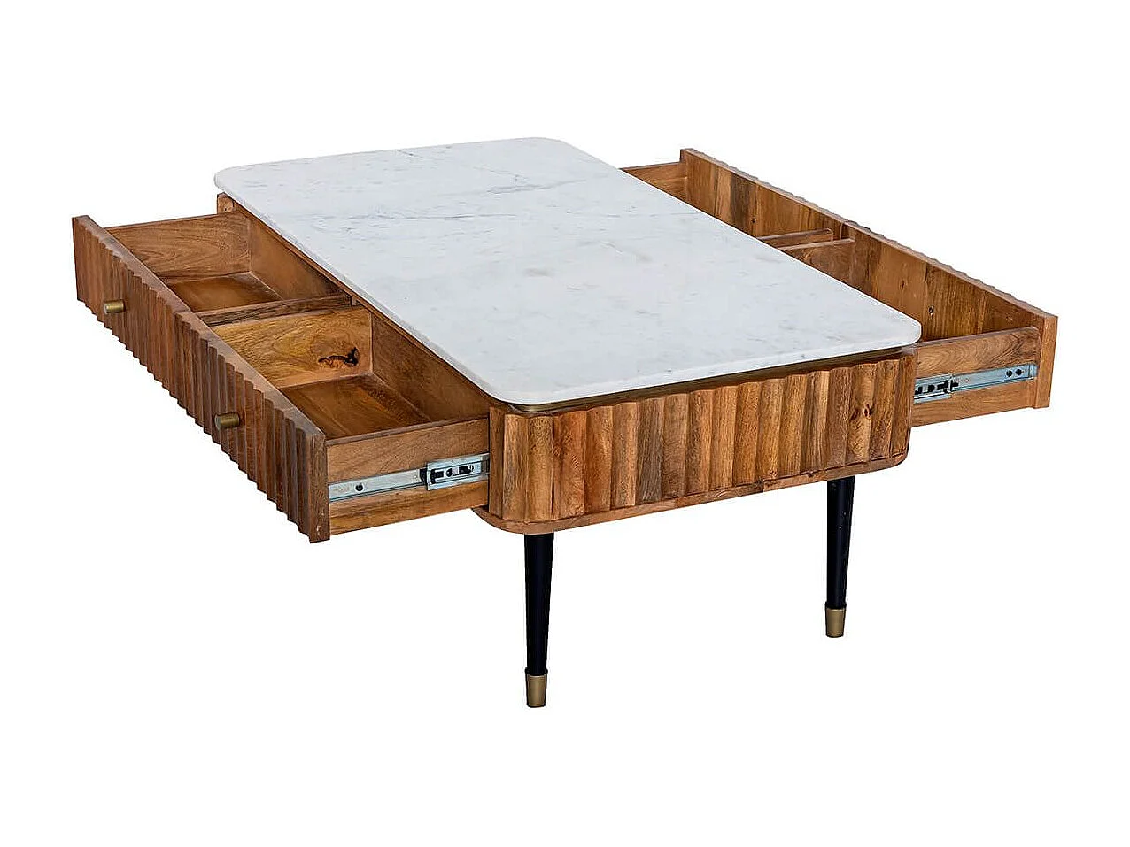 JAMARIS - Table Basse 4 Tiroirs en Manguier Plateau Marbre Pieds Teinté Embout Doré