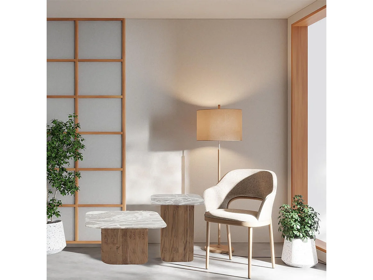 ANGELE - Lot de 2 Tables Basses Plateau Marbre Naturel Piètement Acacia