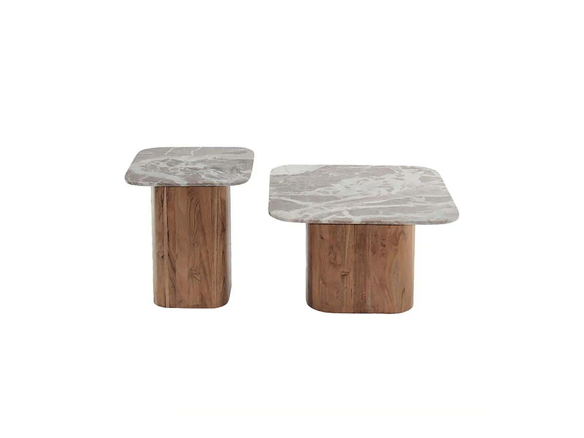 ANGELE - Lot de 2 Tables Basses Plateau Marbre Naturel Piètement Acacia