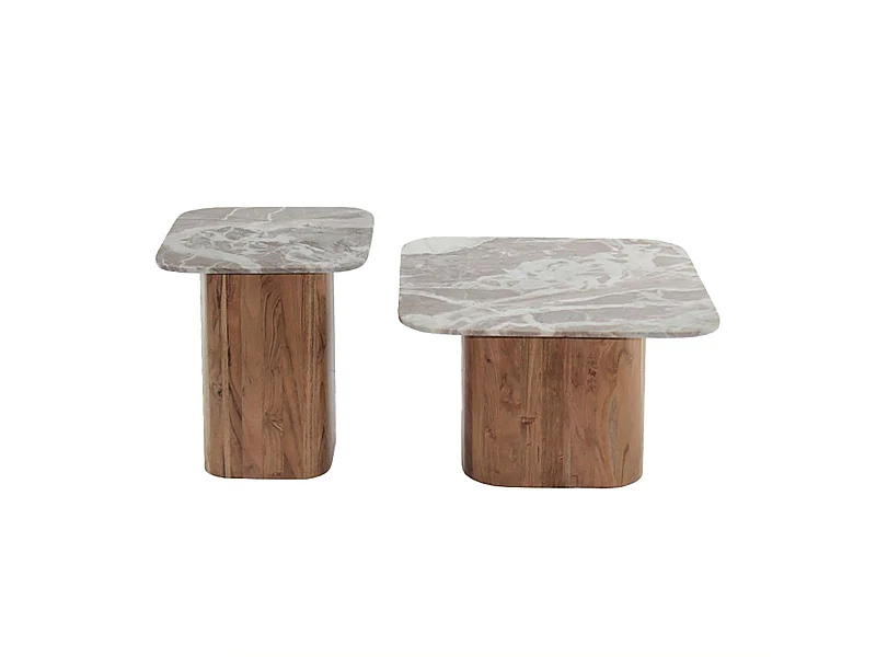 ANGELE - Lot de 2 Tables Basses Plateau Marbre Naturel Piètement Acacia