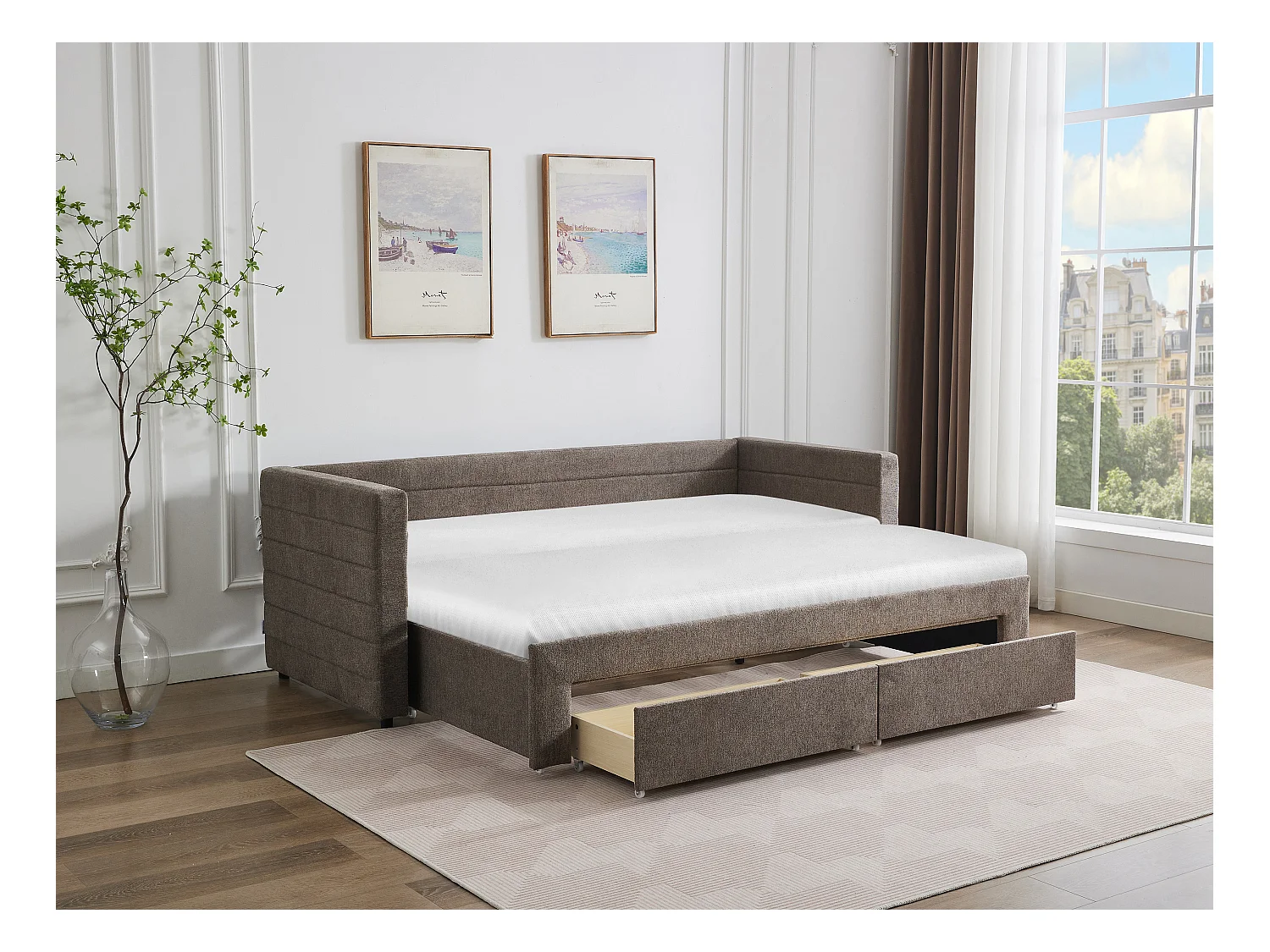 Ausziehbett + Matratzen - 2 x 80 x 200 cm - Mit ausziehbarem Lattenrost & Schubladen - Strukturstoff - Taupe - CAMITY