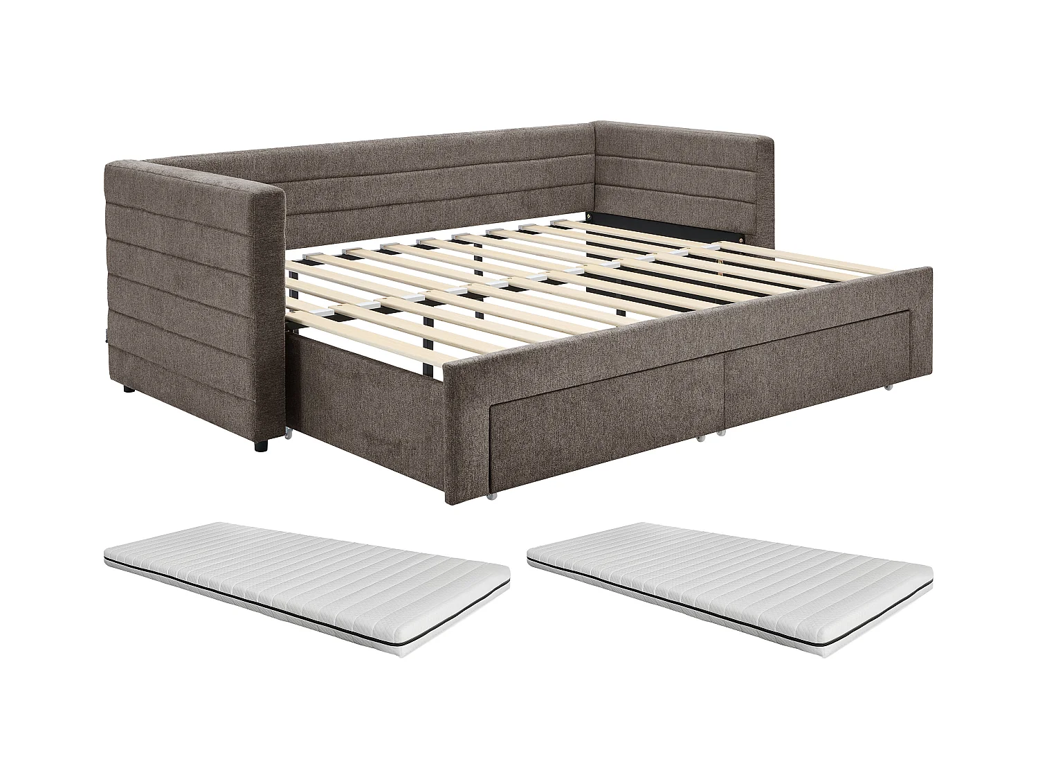 Lit gigogne 2 x 80 x 200 cm - Avec sommier peigne et tiroirs - Tissu texturé - Taupe + Matelas - CAMITY