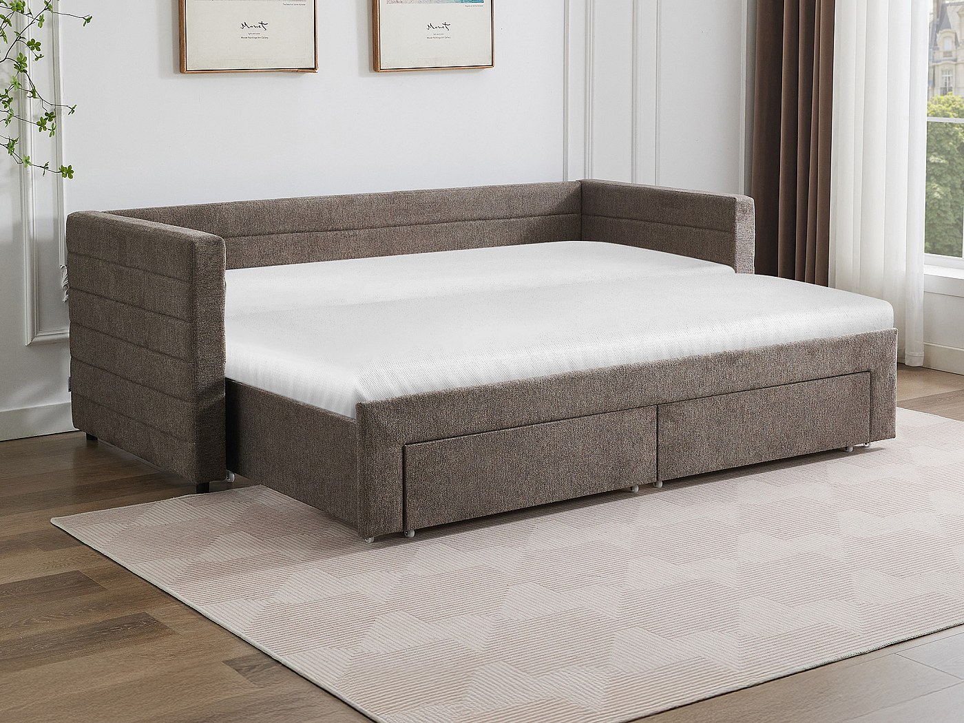 Lit gigogne 2 x 80 x 200 cm tissu texturé taupe + matelas - CAMITY