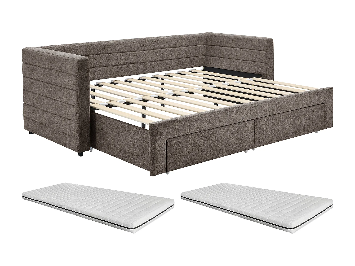 Bedbankje 2 x 80 x 200 cm - Met bedbodem met kamstructuur en lades - Stof met textuur - Taupe + matras - CAMITY